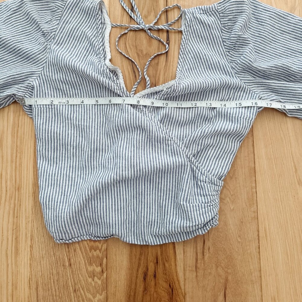 Abercrombie & Fitch Striped Linen Wrap Crop Top | Puff Sleeve | Smocked Back | S - Picture 9 of 12